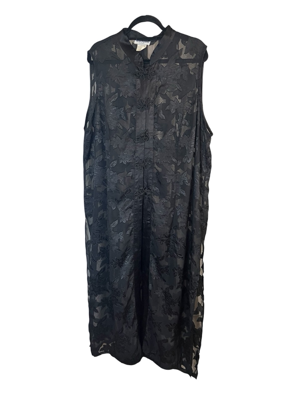 Vintage 80s Sheer Black Floral Jacquard Maxi Dress with Frog Closures